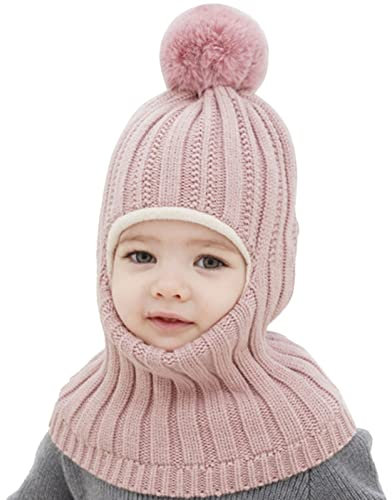 IQYU Kinderschal Blau Schal Kleinkind Mützen Mützen Junge mit Nackenwärmer Bommel Mützen für Kinder Stricken warme Ohrenklappe Kapuze Skullss Mützen Schal Mädchen Rot (Pink, One Size)