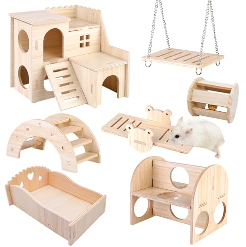 BORDEAG Juguetes Hamster Madera, 7 Piezas Juguetes para Masticar Hámster, Juguetes para Hámster Columpio, Balancín, Casa, Accesorios De Juguete para Los Conejos, La Chinchilla, Hámsters, Cobayas