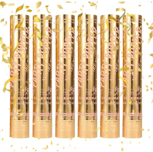 HOVCEH Party Cannon Confetti Gold, 6 Pieces Confetti Cannons Biodegradable Gold, Carnival Party 30cm Confetti Cannon, LargeParty Poppers Confetti Cannons, Great for Birthdays, Parties and Weddings