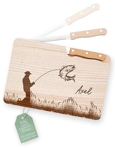 Abenteuernah Brett mit Messer personalisiert, Fahrrad Geschenk, Geschenke für Männer, Messerbrett, Gift for him, Home gift, ideales Geburtstagsgeschenk für Papa Opa Onkel (Angler mit Name)