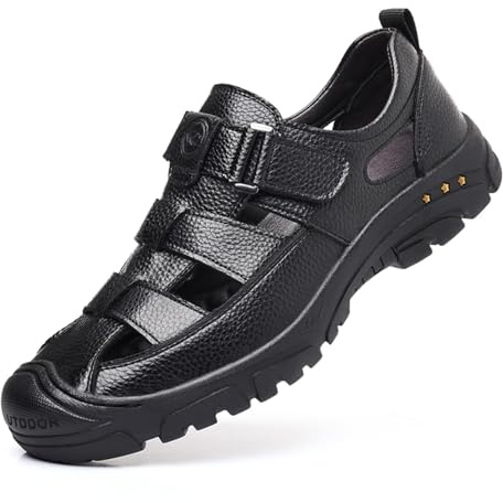 EGGDK Men's Genuine Leather Fisherman Sandals Closed Toe Anti-Slip Platform Adjustable Hook & Loop Strap Summer Hollow Sandals for Casual Outdoor Travel (Black,8.5)