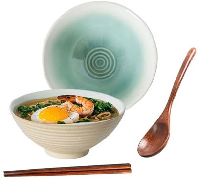Ceraozmus Bol à Ramen en Céramique - 1200 ml - 20 cm - Avec cuillère et baguettes pour soupe Ramen, Pho, Udon, nouilles asiatiques, Grands bols à nouilles (Émail blanc)