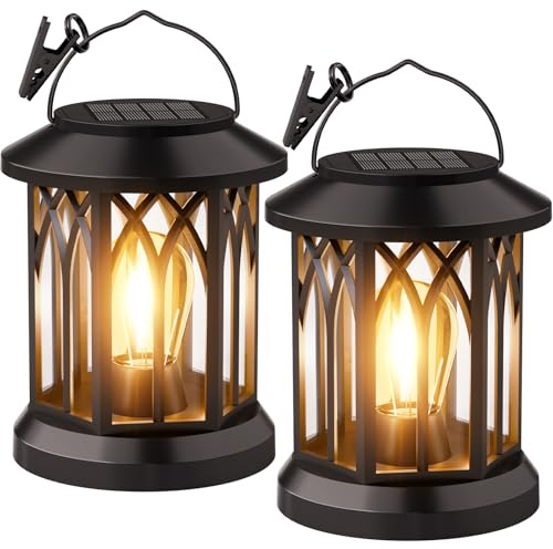 Outdoor Solar Lanterns for Outside: 2 Pack Garden Lanterns Waterproof with Clip, Hanging Solar Lights Outdoor Lantern Garden Decor, Birthday Gifts for Women Her Mom Pathway Decorations