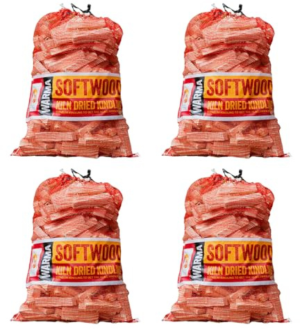 Bulk 4 x 4kg Nets Quality Kindling Fire Starting Wood Kiln Dried 108L - Dried & Cut Easy Storage Netted Bags - Suitable for Burner Firepits Open Fires Stoves BBQs Pizza Ovens Barbecues Chimineas