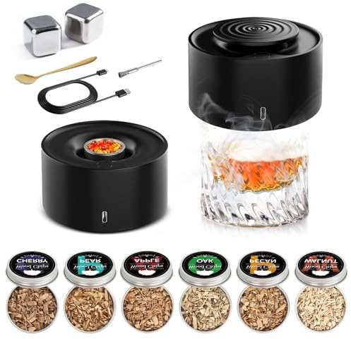 Electric Whiskey Smoker Kit, Rechargeable Built-in Lighter & LED Light, No Butane Needed, 6 Flavored Wood Chips for Old Fashioned Smoker Kit, Bourbon, Cocktail Holiday Tech Gifts for Men Dad Husband