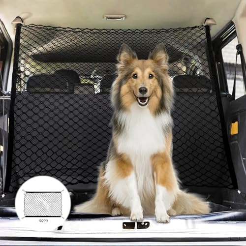Junrvivy Hundegitter Auto Kofferraum Netz doppellagig, Kofferraumnetz Hunde, Kofferraum Trenngitter, Hundenetz Auto mit 4 Haken, Faltbares Aufbewahrungsnetz, Haustier Trenngitter 120x90 cm