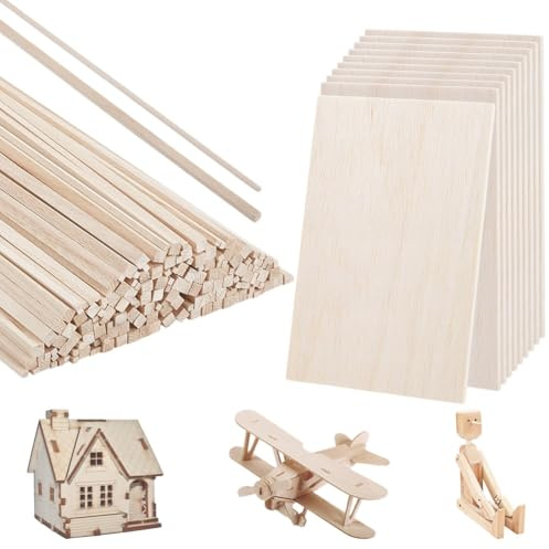 AHANDMAKER 190 Pieces 2 Styles Balsa Wood Sticks Hardwood Square Wooden 11.8 Inch Long Unfinished Wooden Strips Thin Balsa Wood Sheets for Crafts DIY Projects Models Making Supplies(1/8in+1/4 inch)