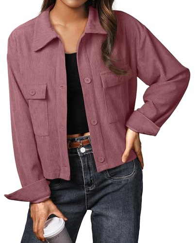 IWOLLENCE Jacket Women Ladies Casual Jackets Women’s Corduroy Shirt Jacket UK Lapel Button-Down Long Sleeves with Pockets (Grayish Pink, M)