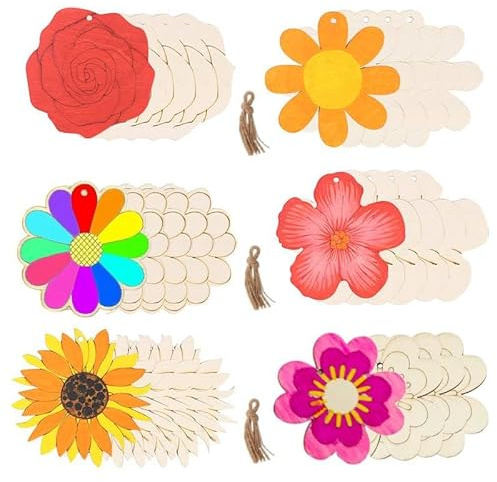 60 Stück Holz Blumen 8cm, BetterJonny 8cm Blanko Holzanhänger Blume Zum Basteln mit Schnur Holzblumen Deko für Frühlingsdeko, Hochzeit Deko, Geschenkanhänger DIY Handwerk Malerei(6 styles-A)