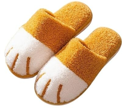 Vinter Söt Katttass Designer Hus Kvinnor Päls Tofflor Golv Tysta Sovrum Älskare Varma Plyschskor Inomhus Fluffiga Slides(Yellow,39 EU)