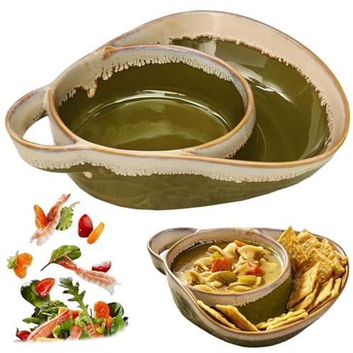 Hbbgdiy Soup and Sandwich Plate Combo Ceramic Soup and Sandwich Plate with Handle Retro Stoneware Bowl and Side Dish for Breakfast, Snack, Salad, Dessert, Army Green