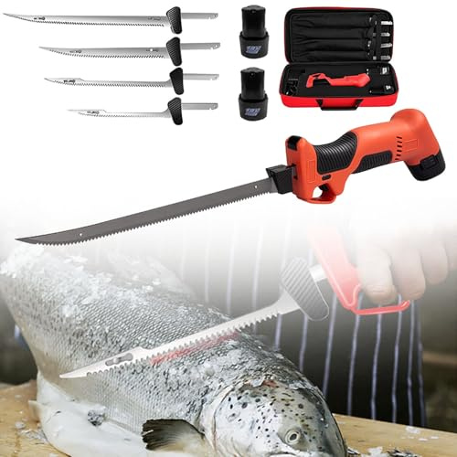 Troqullium Cuchillo eléctrico inalámbrico for filetear,12 V,4 cuchillas,mango antideslizante,bloqueo de seguridad,2 baterías y bolsa de transporte,for pesca, filetear y actividades al aire libre.