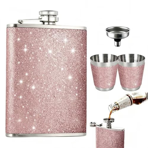 Saituo Home Petacas de Alcohol Portátil Rosa, 8oz Glitter Petaca Cuero PU