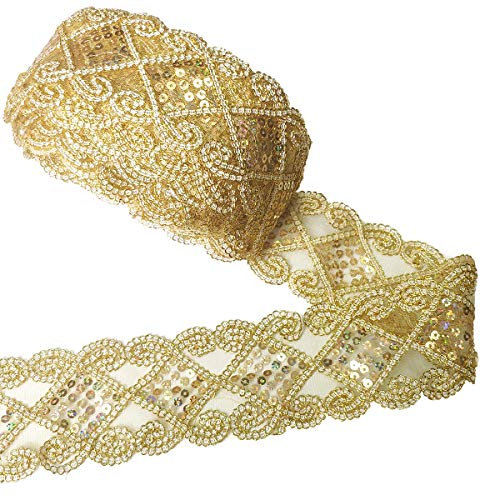 10 Yards Einfassborte Spitze mit Pailletten Lace Borte Band Applikation 9m x 5cm für DIY Kleidung Gardine Vorhang Tischläufer Deko Gold