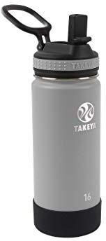 Takeya Actives Kids Water Bottle 16 oz Stainless Steel Double Wall Insulation BPA-Free Leakproof Straw Lid Easy Carry Handle Reusable Ideal for Boys and Girls, School, Sports - Platinum / Onyx