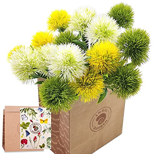 Lumaca Giardino 15 pezzi di tarassaco artificiale, fiori artificiali con 1 vaso, sacchetto di carta kraft, pennelli per piante di erba finta, per interni ed esterni (bianco, giallo, verde)