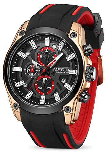 MEGIR Men's Analogue Sport Chronograph Luminous Quartz Watch with Fashion Silicone Strap (2144 Rose/Black), Rose/Black, sport & business work