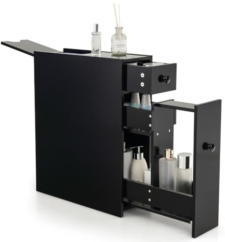COSTWAY Petit Meuble WC avec 2 Tiroirs, Petit Meuble Salle de Bain en MDF, Compartiment Caché pour Papier Toilette, Petite Armoire de Rangement pour Salle de Bains, 16 x 48 x 58 CM(Noir)