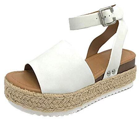 Sandales Femmes Casual Semelle en Caoutchouc Clouté Wedge Boucle Sangle De Cheville Bout Ouvert (38,Blanc)