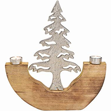 Teelichthalter Tannenbaum aus Metall und Mangoholz - Kerzenhalter Deko Aufsteller (Silber-Natur) B36 x H41 x T4cm - Deko Aufsteller Weihnachtsdeko Winterdeko modern Tischdeko Advent Dekoration