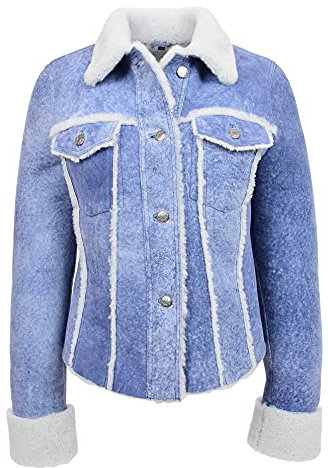 A1 FASHION GOODS Damen Echtes Schaffell Trucker-Jacke Denim Blau Gewaschen Echter Shearling Jenna (42)
