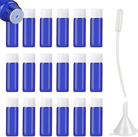 ZEOABSY 20 Stück Kleine Leer 5ml Blauglas Flasche mit Öffnungsreduzierer, Braun Tropfflasche mit Weiß Schraubverschluss Glasflaschen für Ätherisches Öle Essenzen Aromatherapie