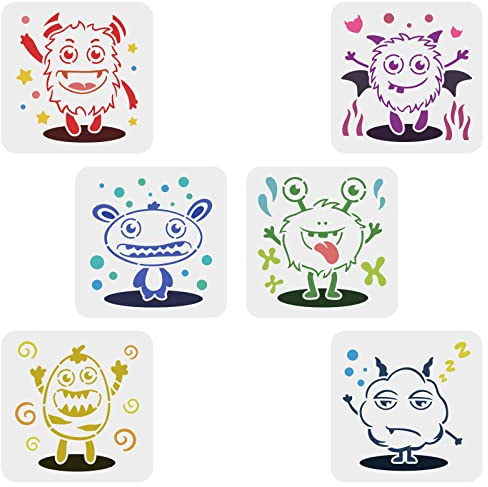 FINGERINSPIRE 6 Stück Niedliche Monster Schablone 15x15cm Wiederverwendbare Cartoon Monster Zeichnung Schablone Haarball Puppe Malerei Vorlage für Wand Holz Möbel Stoff und Papier