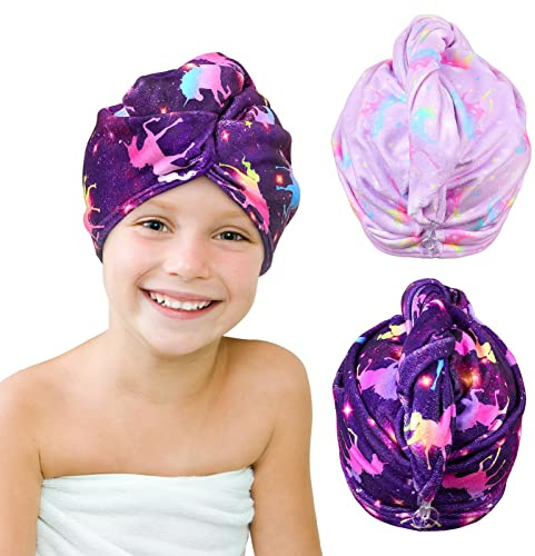 Beinou Mikrofaser Handtuch Haare, 2 Stück Turban Handtuch mit Knopf Haarturban Schnelltrocknend Towel Lange Haare für Frauen Kinder