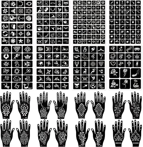 24 Blatt Henna Tattoo Schablone Kit, Henna Schablonen Wiederverwendbare Temporäre Tattoo Schablonen für Frauen Mädchen Teens Face Paint Body Art Glitter Tattoo Schablonen