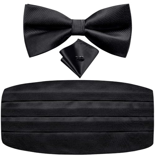 Dubulle Black Mens Cummerbund and Pretied Bow Tie Set Solid Paisley Floral Bowtie and Cumberbund for Men with Pocket Square Tuxedo Suit