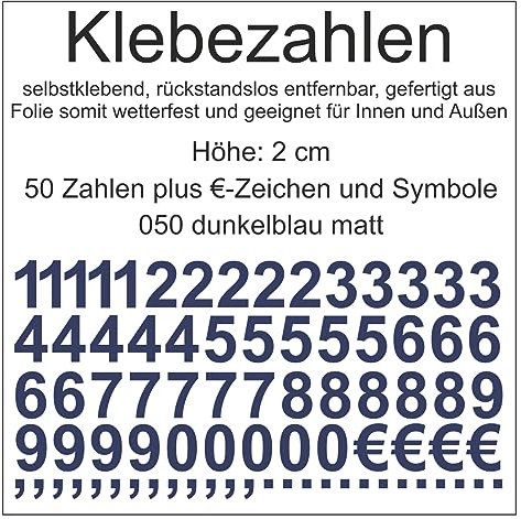 Aufkleber Sticker Klebezahlen Klebezahl Zahlen Zahl Nummern aus Folie 50 Zahlen blau dunkelblau matt Höhe 2 cm selbstklebend wetterfest Nummerierung Preisauszeichnung Beschriftung Modellbau verzieren