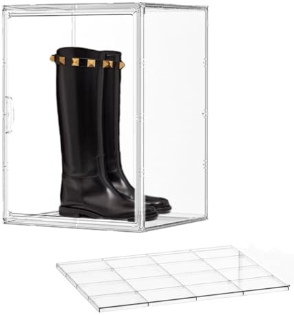 Acrylic Display Case with an Adjustable Divider, 2 Tiers XXX-Large Boot Shoe Storage Boxes Clear Plastic Stackable Storage Bin with Lids Super Large Clear Display Box for Shoes, Collectibles