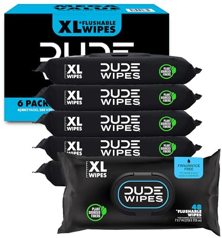 DUDE Wipes Unscented Flushable Wipes - Extra-Large Adult Wet Wipes for Sensitive Skin - 6 Pack (288 Count) - Infused with Vitamin E and Aloe - Septic and Sewer Safe
