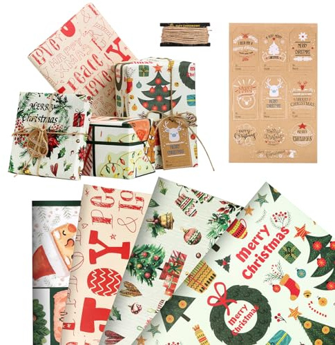 LEMESO Carta Regalo Natale Bambini Vintage 4 Fogli Kraft con Etichette Spago Carta Pacchi Rossa Confezioni Regalo Natalizie