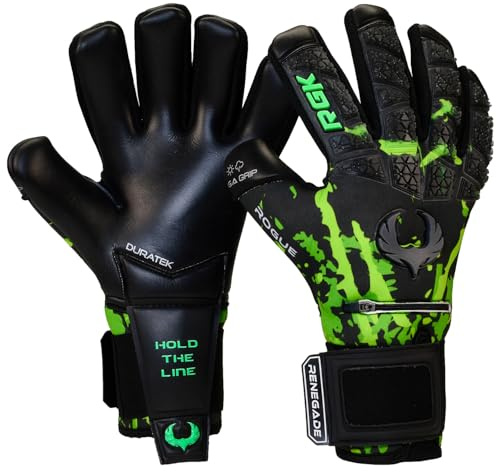 Renegade GK Limited Edition Rogue Venom Goalie Gloves with Fingersaves | 4mm Giga Grip | Black & Green Soccer Goalkeeper Gloves (Size 6, Youth, Kids, Neg. Cut, Level 4+)