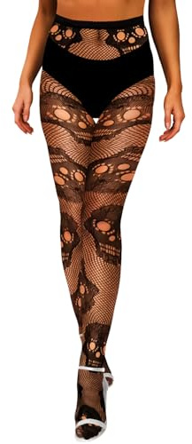 Fohevers Collant a rete modello da donna, calze a rete floreali, collant fantasia da donna, collant Fencenet, calze a rete Goth, Scheletro Teschio, taglia unica