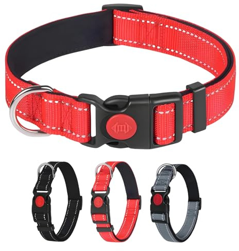 Vnvnvnv 360° reflektierendes Hundehalsband mit Sicherheitsverschluss, Neopren-Polsterung | Verstellbares Hundehalsband für Welpen, kleine, mittelgroße und große Hunde (Rot, L)