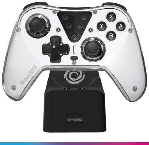 Oniverse Manette sans fil compatible Switch OLED Lite PC ANDROID iOS, Dock de charge, Vibrations réglables, boutons macro, mode Turbo, Wake up, Gyroscope 6 axes, Astralite (Eridani White/Blanche)
