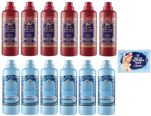 12-pack testpaket Tesori d'Oriente Persian Dream Thalasso Therapy Ammorbidente Concentrato, koncentrerat sköljmedel, 38 tvättar, 760 ml + 1-pack FELCE AZZURRA talkpuder, 100 g påse