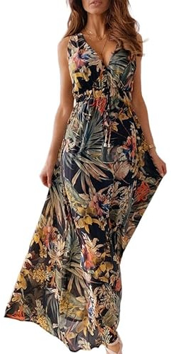 Joligiao Robe Longue Femme Robes d'été sans Manches Fleurs Décontracté Robes de Plage Imprimé Vintage Élégant Boho Robe d'été à Col en V Femme Chic et Elegant Jupe Longue Ample et à Bretelles