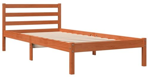 vidaXL Solid Pine Wood Single Bed Frame - Wax Brown, Bedroom Furniture, 90x200 cm Plywood Slats, Supportive Headboard