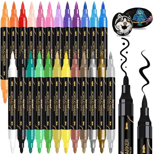 Art+soul Acrylic Paint Pens 24 Colors, Permanent Acrylic Paint Markers | Brush Tip and Fine Tip for Rock Painting, Glass, Paper, Wood, Ceramic, Fabric, leather, Egg, Canvas, DIY Crafts