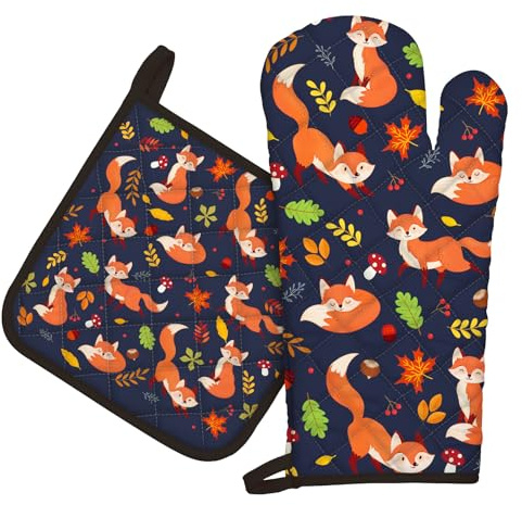Arquiel Herbst Fuchs Ofenhandschuh und Topflappen 2er-Set Baumwolle | Baumwoll-Küchenset mit Herbst Fuchs-Motiv, hitzebeständig und praktisch zum Kochen, Backen und Grillen.