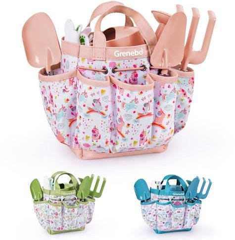 Grenebo-Gartenspielzeug für Kinder, inklusive Metallkelle, Pflanzschaufel, Gartenhut, Rechen, Schürze, Handschuhe, Gießkanne und Werkzeugtasche (rosa)