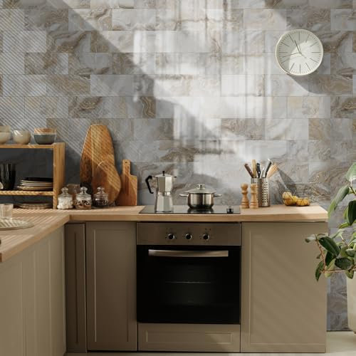 Credence Adhesive Pour Cuisine -Marbre Brun Clair Salle De Bains Et Cuisine Stickers Carrelage, PVC Imperméable Credence Adhesive Décorative à Carreaux,Stickers Auto-Adhésif 48 Pièces(10x20cm)