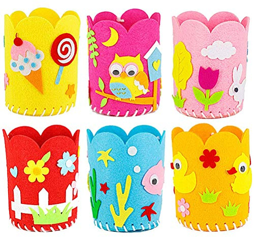 Lazyspace Federmäppchen für Kinder, Bastelarbeiten, Stiftehalter, für Kinder, zum Basteln, Stifteetui, Sicherheit, langlebig, mit Nähset, Handarbeit, Filz, 6 Stück, mehrfarbig, Beauty-Koffer