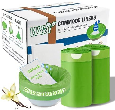 W&Y 50 Pack Commode Liners with Super Absorbent Pads, Universal Fit All Standard Toilet Chair Bucket，Vanilla-Scented Portable Sanitary Bag for Adult Toilets and Camping Toilets（50 Bags+50Pads）
