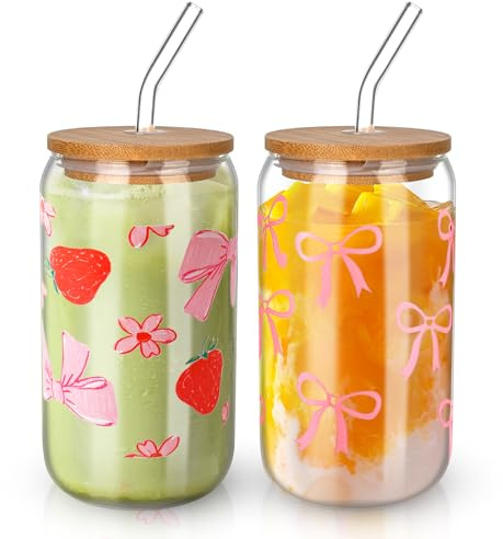 BORDEAG Lot de 2 Verres avec Couvercle et Paille 500 ml, Gobelets en Verre pour Café Glacé, Smoothie, Thé Glacé, Jus, Cola et Bière, Tasses Réutilisables pour Maison, Camping et Fête