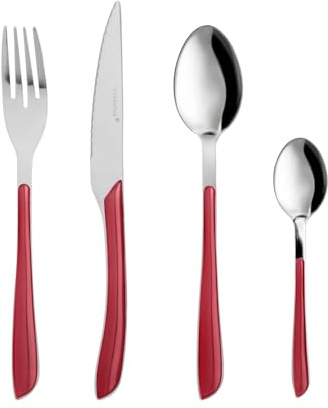 KASANOVA Set de couverts Afrodite, Set de couverts de table, Set 24 couverts en acier inoxydable, Couverts en acier inoxydable (Rouge)