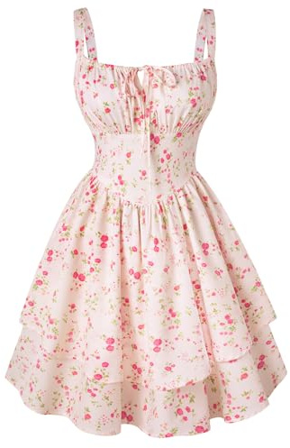 SCARLET DARKNESS Robe d'été Femme à Bretelles Spaghetti Style Victoria, Courte à Imprimé Fleuri Élégant